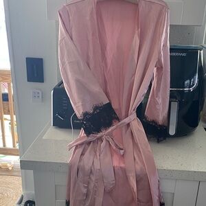 Chic Pink Satin Robe with Lace Accents